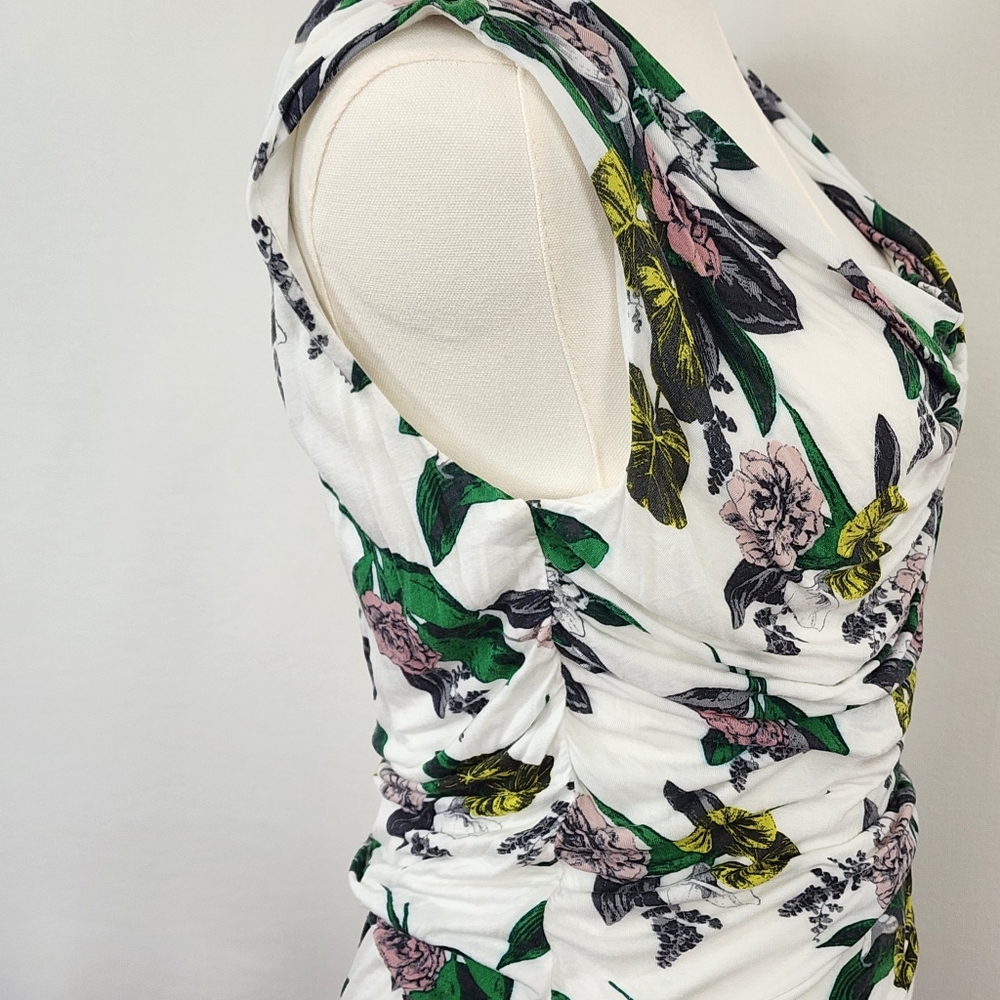 H&M White Floral Ruched Tank Top Medium Fully Lined - Picture 6 of 9